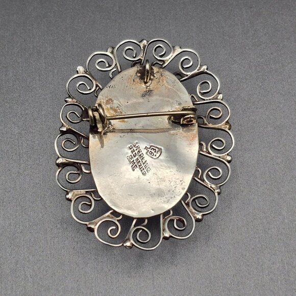 VTG EME 83 Sterling Silver 925 Green Onyx Filigree Brooch Pendant 2" Mexico - Picture 5 of 9